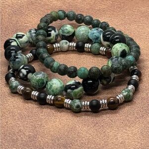 Green natural stone beaded bracelet bundle
